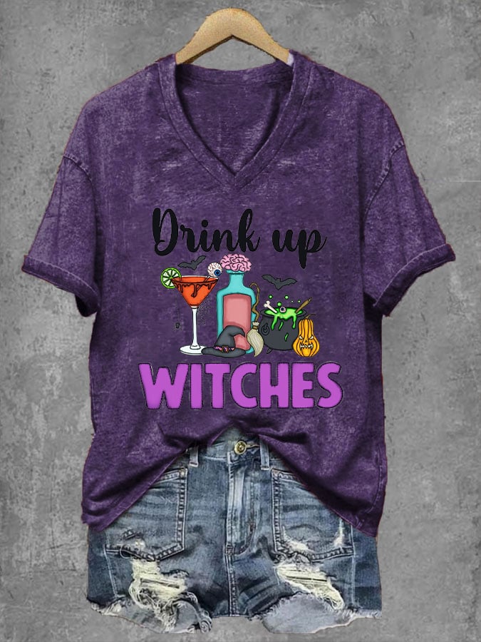 Women's Halloween Witches Drink Up Print V-Neck T-Shirt