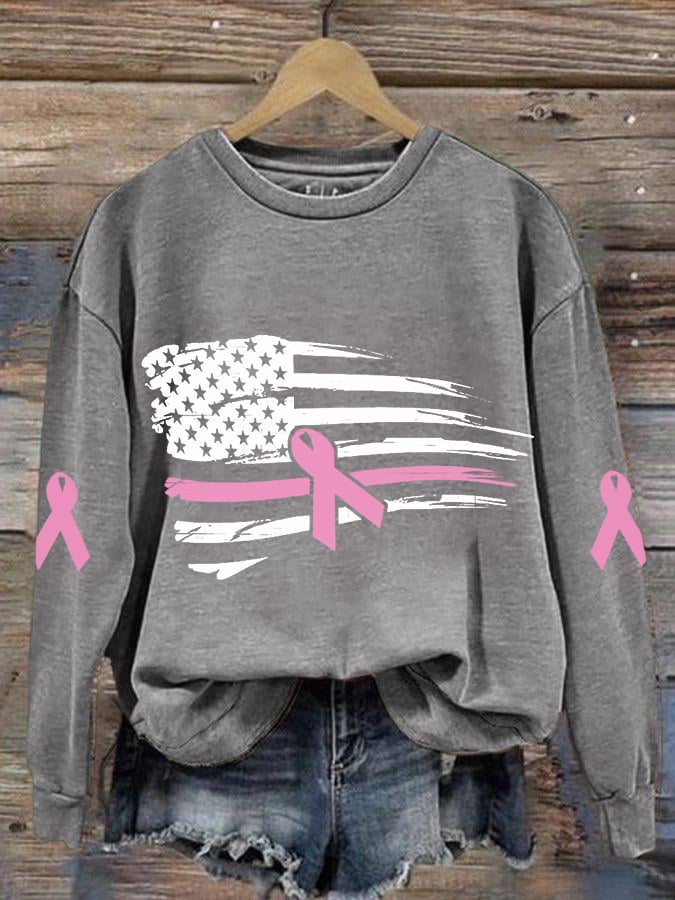 Women's Pink Ribbon Breast Cancer Awareness American Flag Sweatshirt