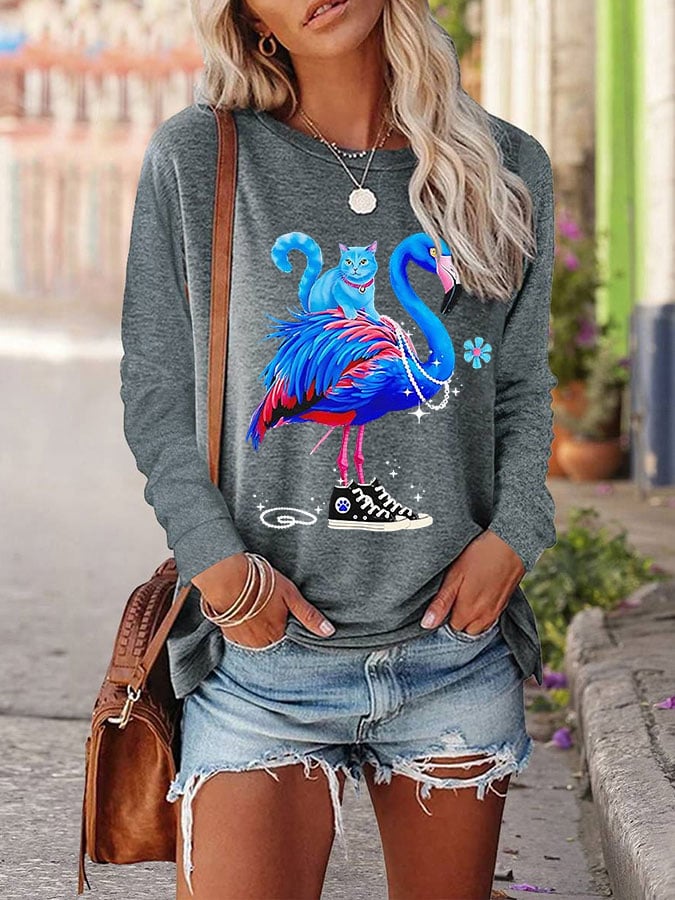 Women's Blue Flamingo and Blue Cat Long Sleeve T-Shirt