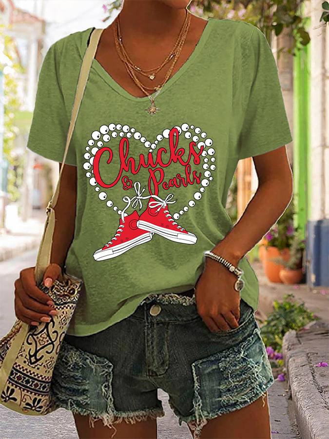 Women's Chucks & Pearls Pearl Heart Print V-Neck T-Shirt