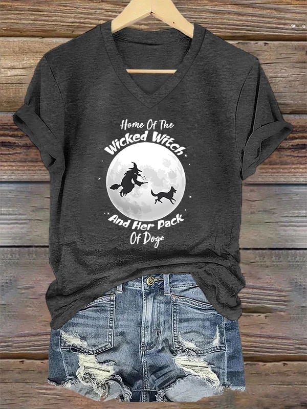Home Of The Wicked Witch And Her Pack Of Dogs Print V Neck T-Shirt