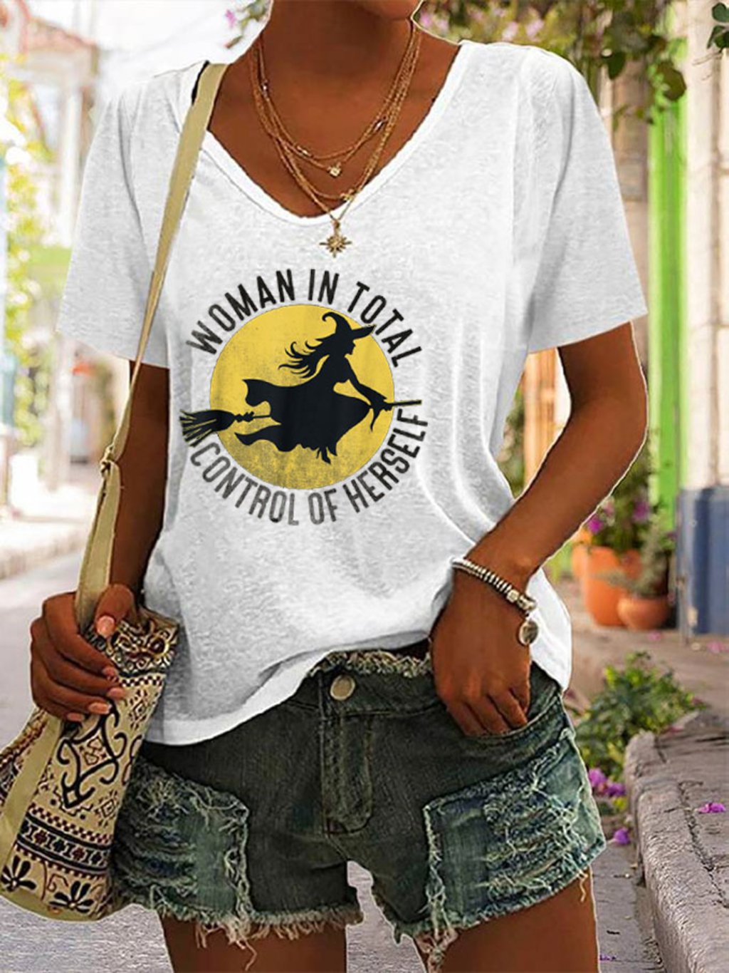 Women's Witch Woman In Total Control Herself Powherful Print V-Neck T-Shirt
