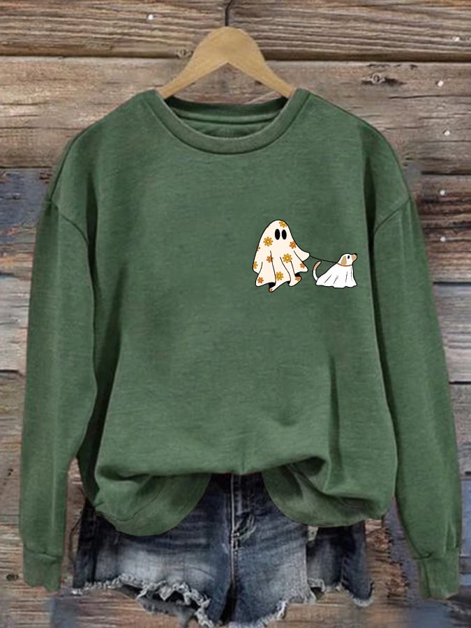 Retro Halloween Ghost And Dog Print Sweatshirt