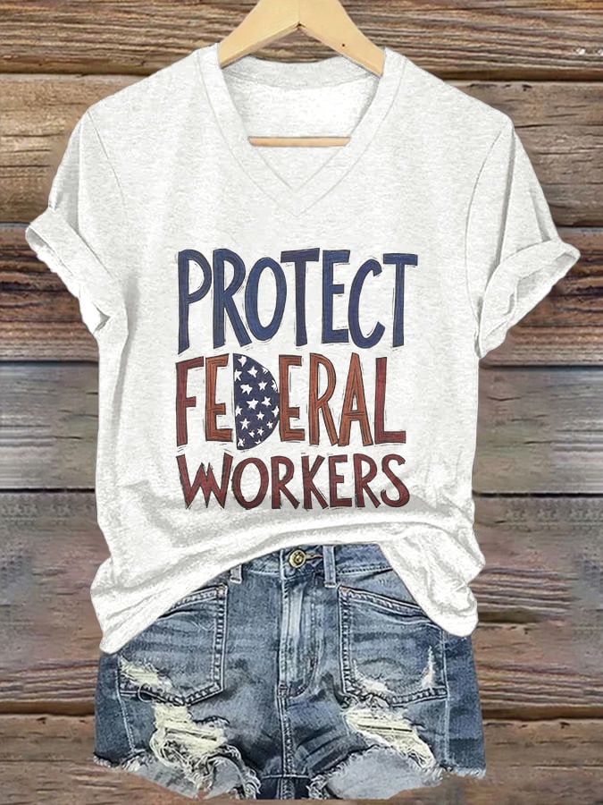 V-neck Retro Protect Federal Workers Print T-Shirt