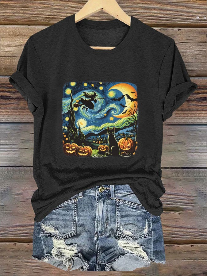 Women's Halloween Oil Painting Cat Print T-shirt