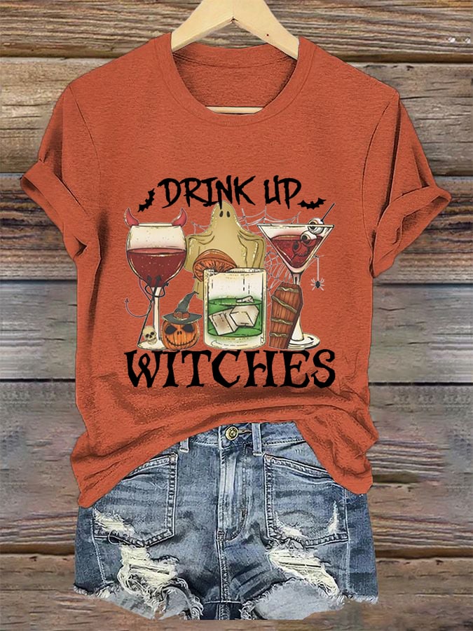 Women's Drink Up Witches Spooky Wine Glass Funny Halloween Casual Tee