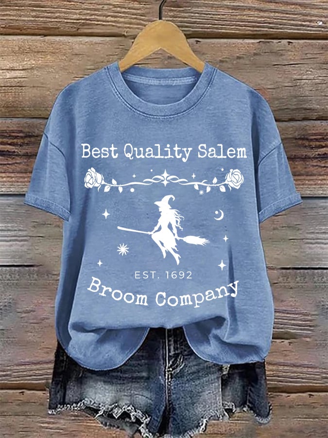 Women's Quality Salem Broom Company Halloween Print Round Neck T-Shirt