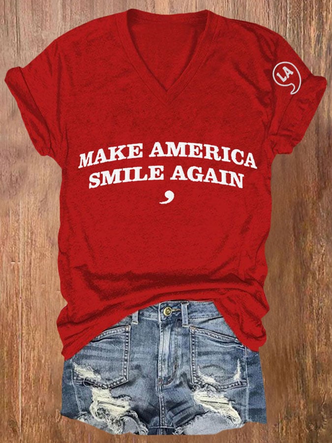 Women's 47 La Printed Casual V Neck T-Shirt