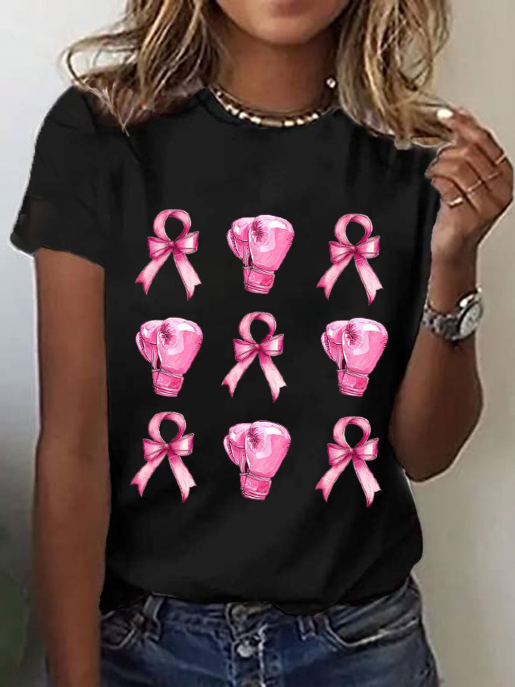 Women's Pink Bow Fight Breast Cancer Print T-Shirt