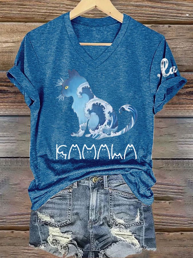 Women's La  Blue Wave Cat Printed Short-Sleeved T-Shirt