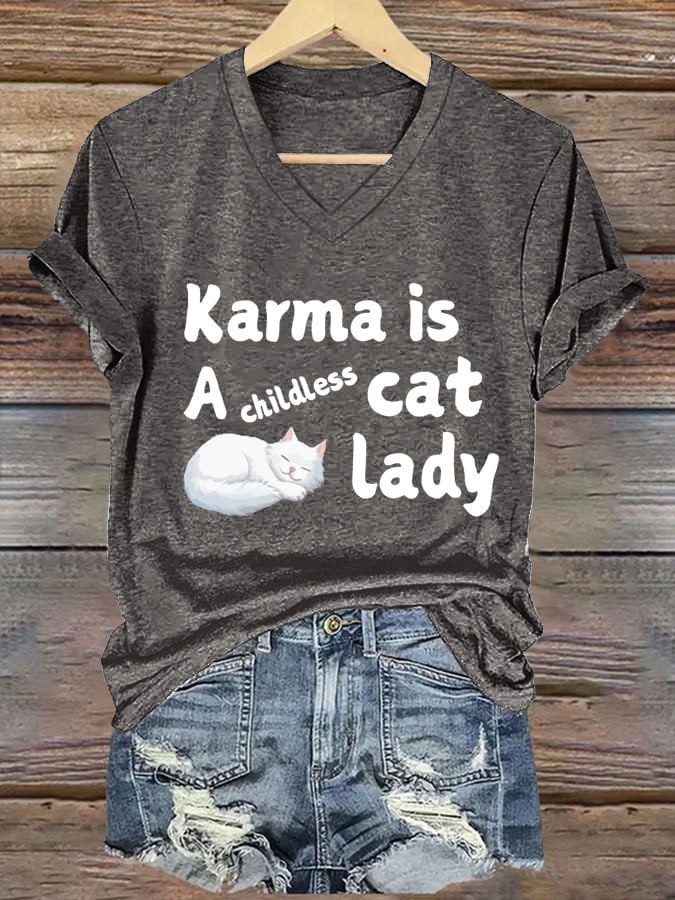 Women's Karma Is A Childless Cat Lady Printed Casual V-Neck T-Shirt