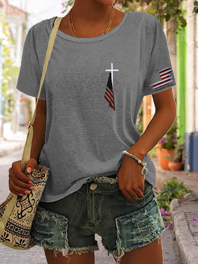 Women's Flag Cross Print Casual T-Shirt