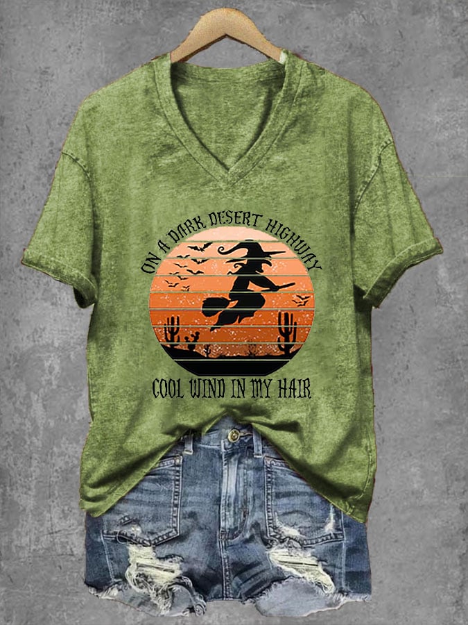 Women's Halloween On A Dark Desert Highway Cold Wind In My Hair  V-Neck Tee
