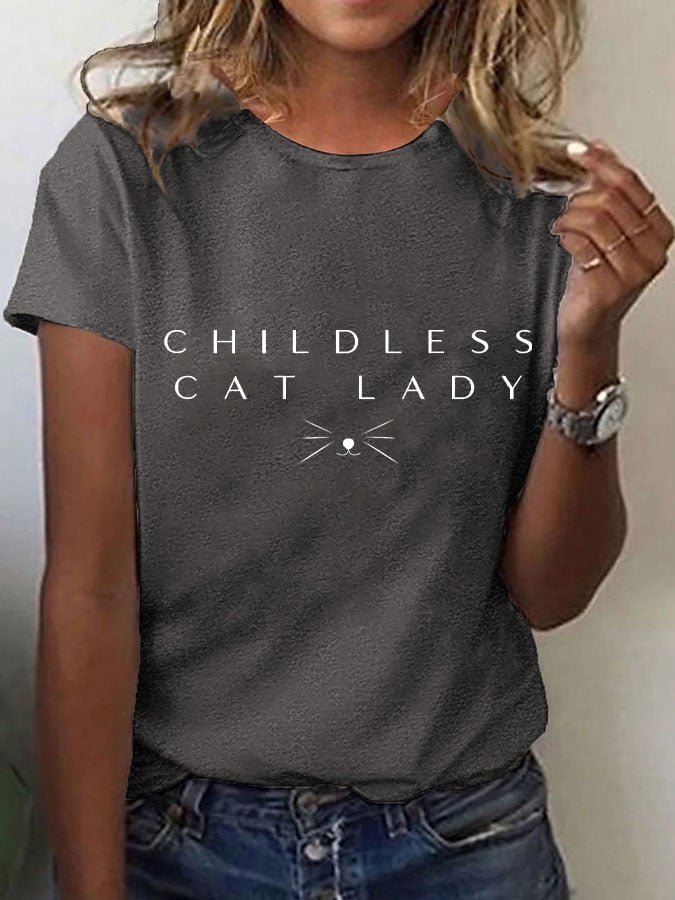 Women's Childless Cat Lady Print O-Neck T-Shirt