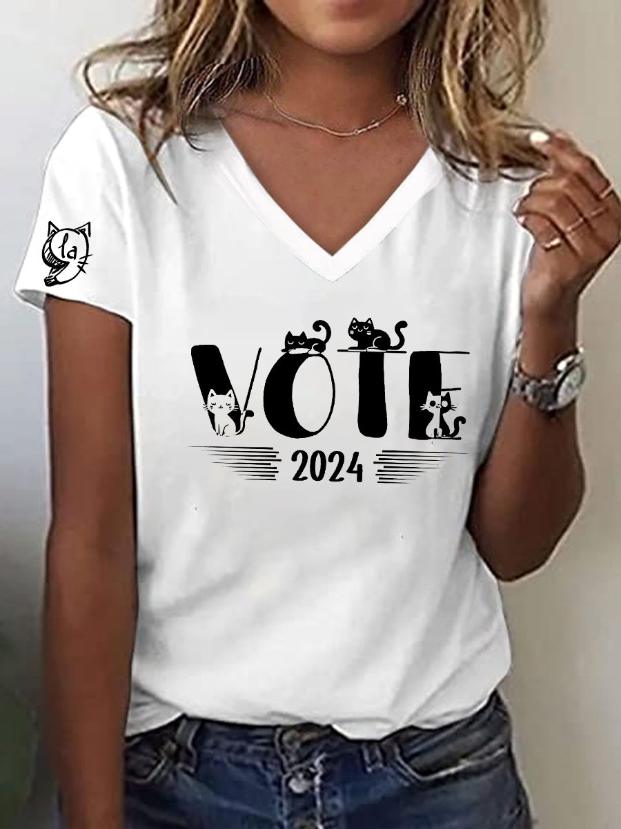 Women's Childless Cat Ladies Printed Casual V Neck T-Shirt