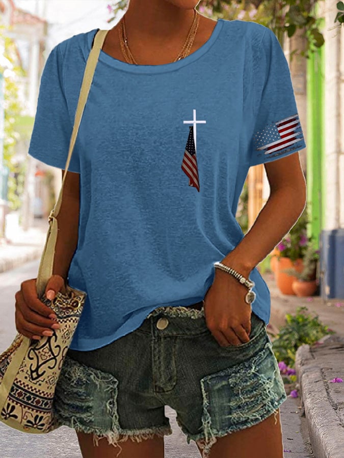 Women's Flag Cross Print Casual T-Shirt