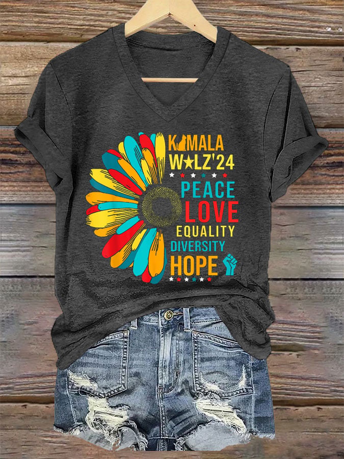 Women's Peace Love Equalty Sunflower Print T-Shirt