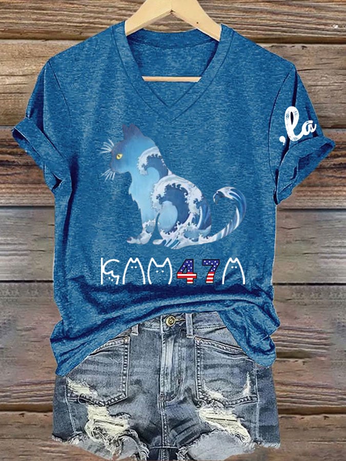 Women's La  Blue Wave Cat Printed Short-Sleeved T-Shirt