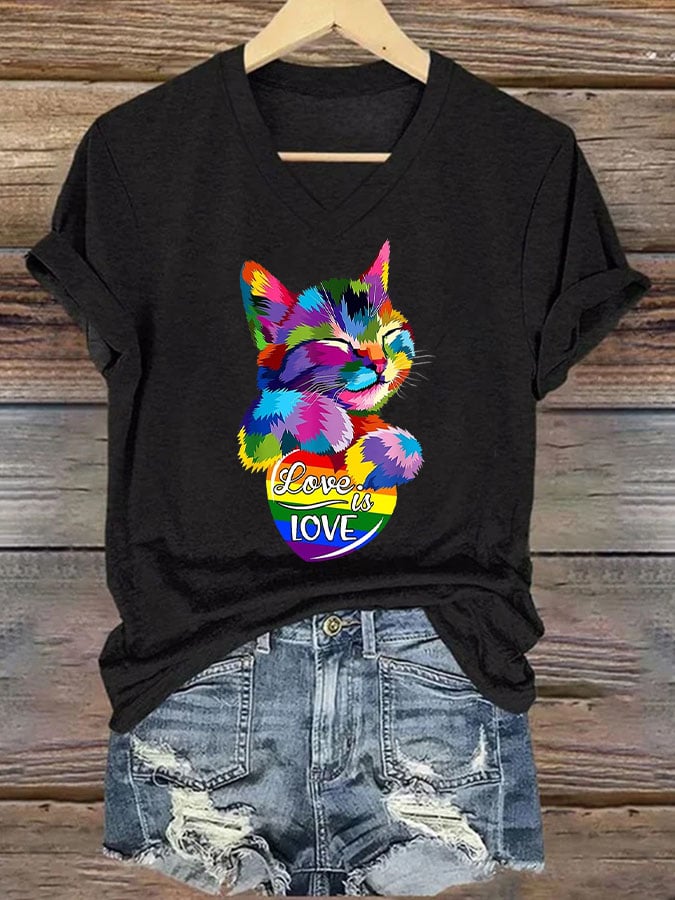 Women's La  Cat Love Is Love Printed Short-Sleeved T-Shirt