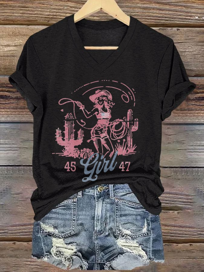 V-neck 45 47 Flag Western Cowboy Girl Cactus Print T-Shirt