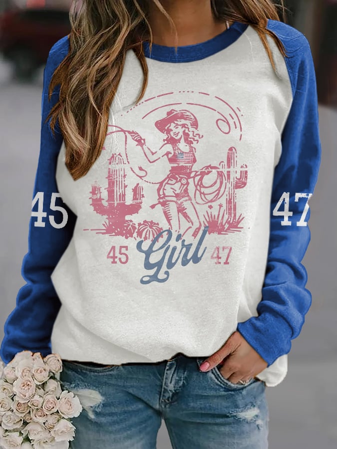 Retro 45 47 Flag Western Cowboy Girl Cactus Print Sweatshirt