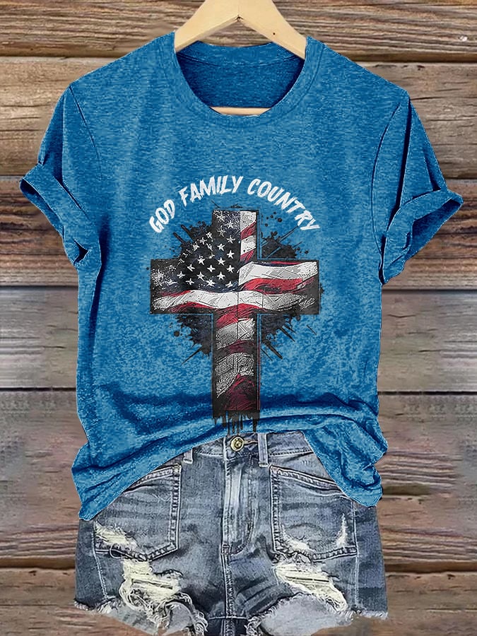 Retro Faith Cross God Family Country Print T-Shirt