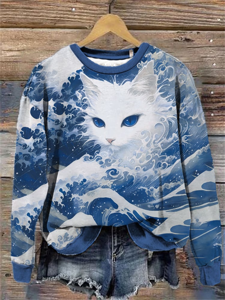 Women's Blue Wave Cat Print Casual Sweatshirt