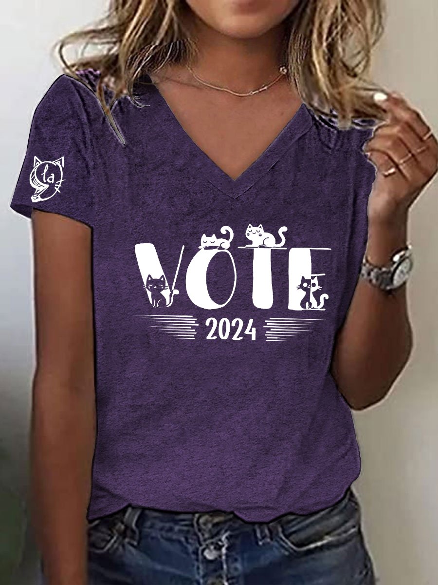 Women's Childless Cat Ladies Printed Casual V Neck T-Shirt