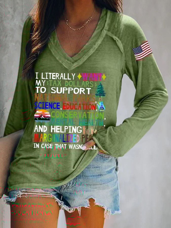 Women's Support National Parks Print V Neck Long Sleeve Shirt