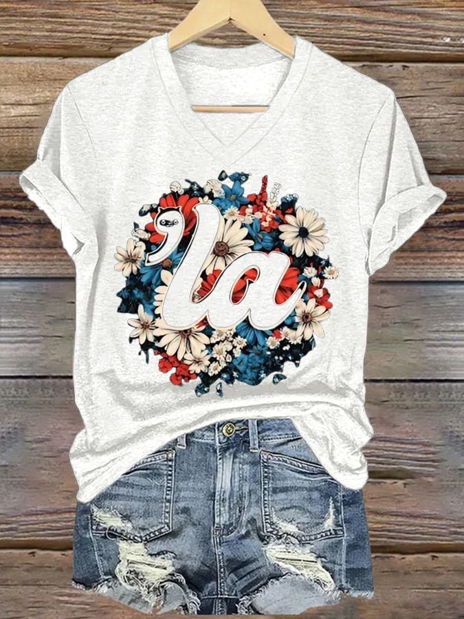 Women's Floral LA Cat Print Casual T-Shirt