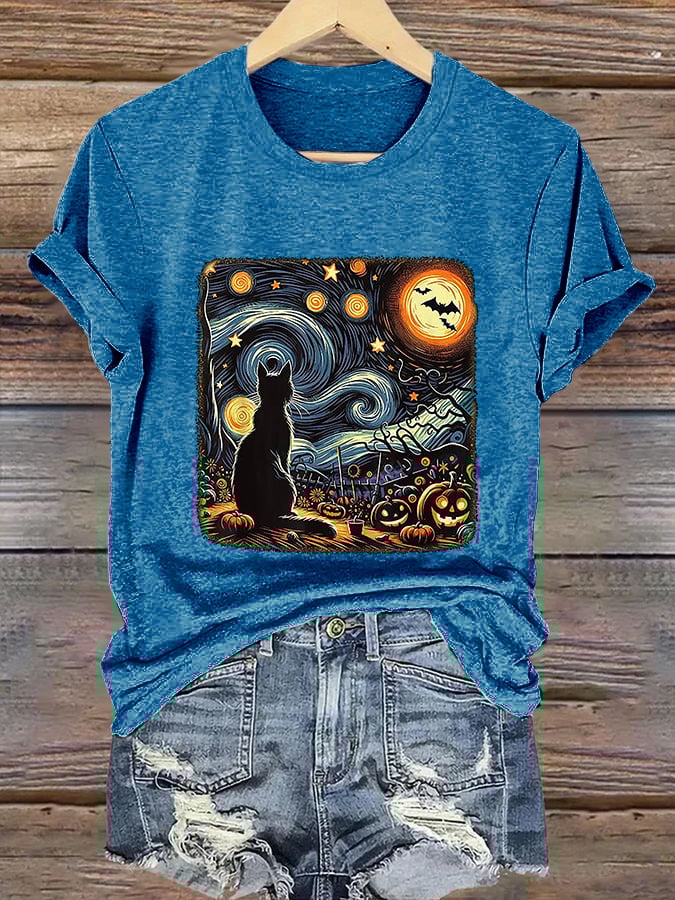Retro Halloween Van Gogh Starry Night Cat Pumpkins Print T-Shirt