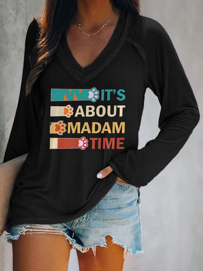 V-neck Retro It’s About Madam Time Cat Print T-Shirt