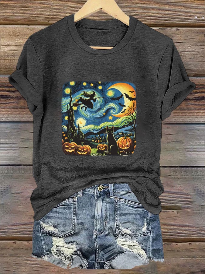 Women's Halloween Oil Painting Cat Print T-shirt