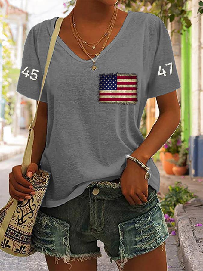 Women's 45-47 American Flag Print V-Neck T-Shirt