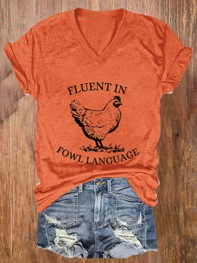 Women's Fluent In Fowl Language Print V-Neck Casual T-Shirt