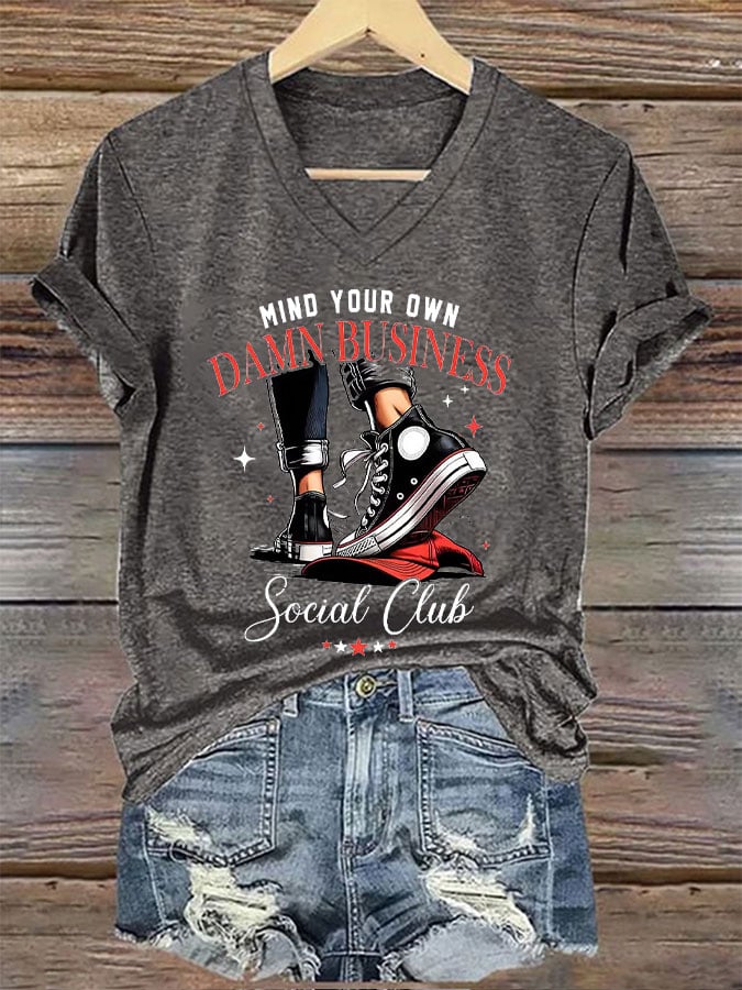 Women's Mind Your Damn Business Social Club Chucks&Red Hat Print T-Shirt