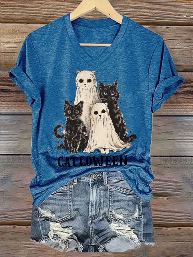 Women's Halloween Catloween Print T-Shirt