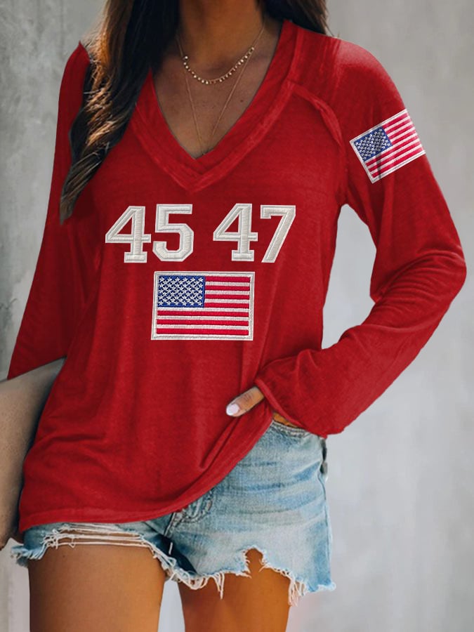 V-neck Retro 45 47 Print T-Shirt