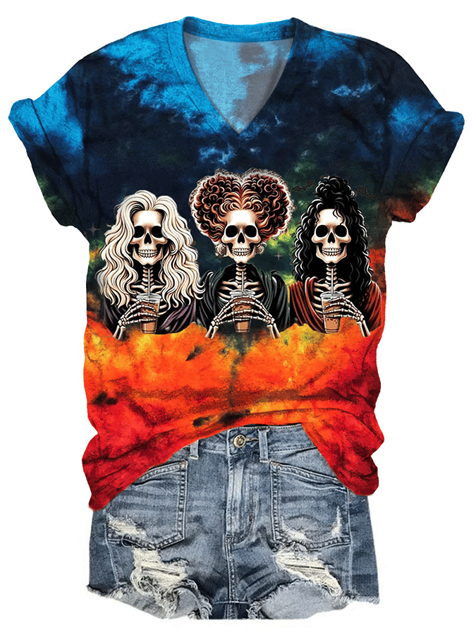 Women's Halloween Witch Print Casual V-Neck T-Shirt