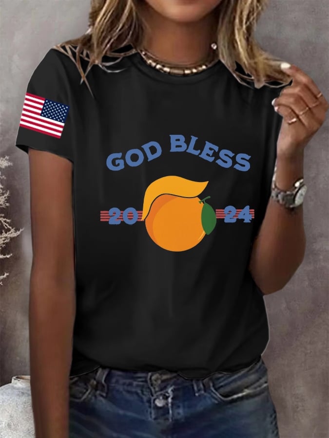 Women's God Bless Trump Printed Round Neck Short Sleeve T-Shirt