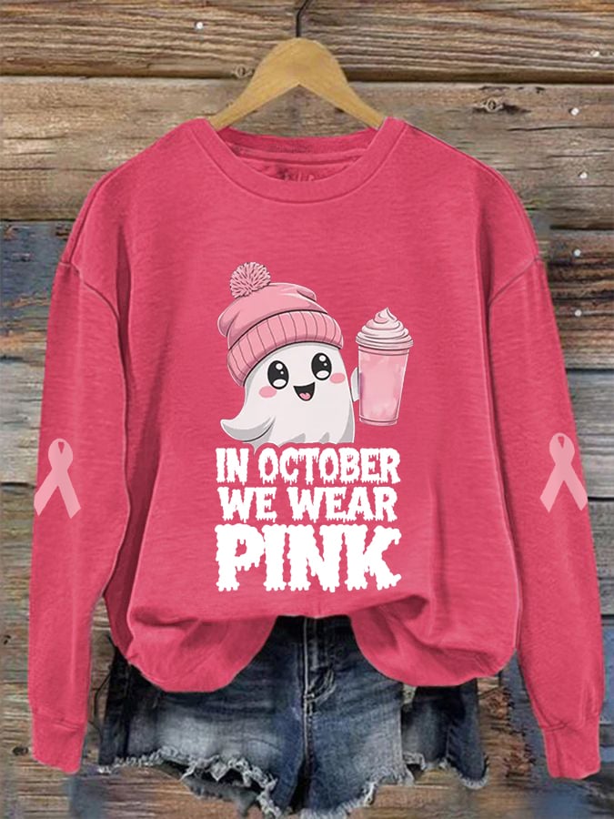 Women's In October We Wear Pink Halloween Ghost Breast Cancer Awareness Warrior Sweatshirt