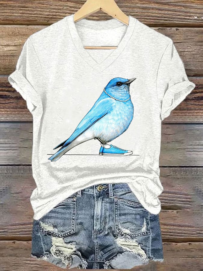 Women's Pearl Necklace Canvas Bird Print T-shirt