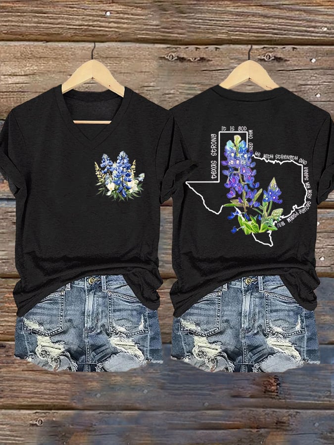 Women's Texas Flood KERR COUNTY STRONG Print V-Neck T-Shirt