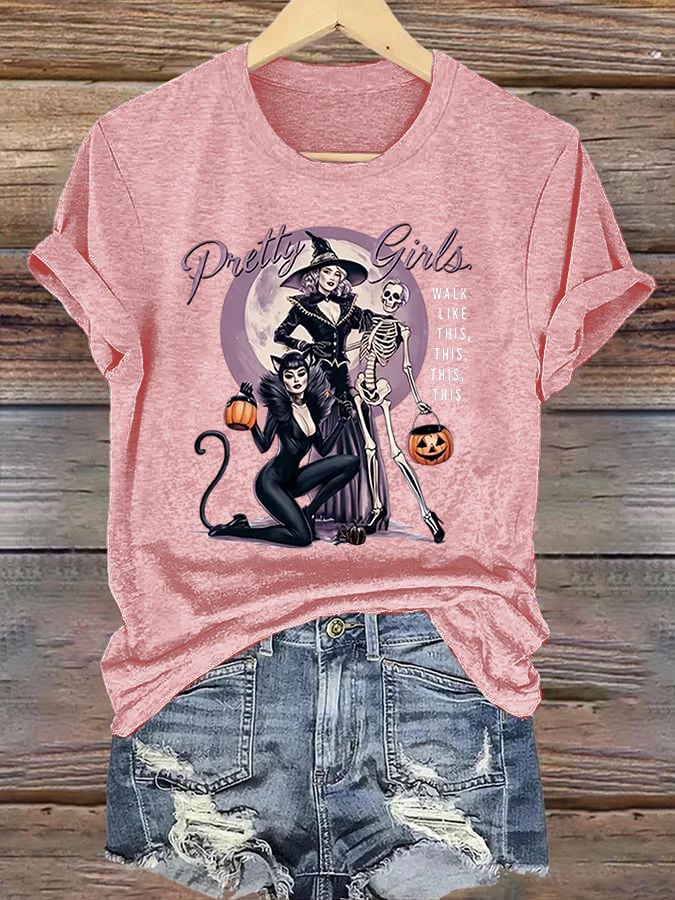 Women's Halloween Witch (Pretty Girls Walk Like This This This) Printed Casual T-Shirt