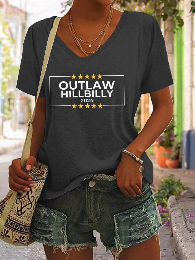 Women's Outlaw Hillbilly Print V-Neck T-Shirt
