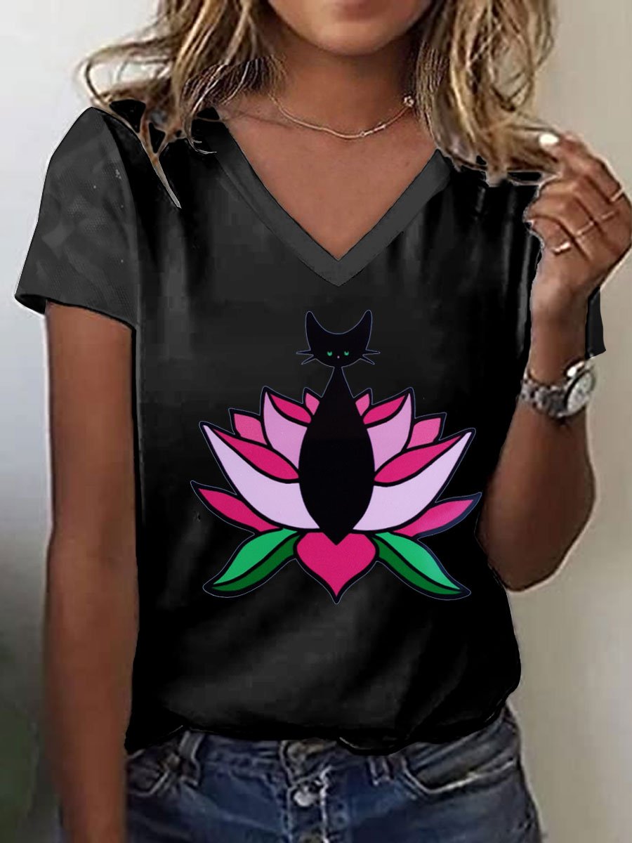 Women's Cat&Lotus Comma La Print T-Shirt