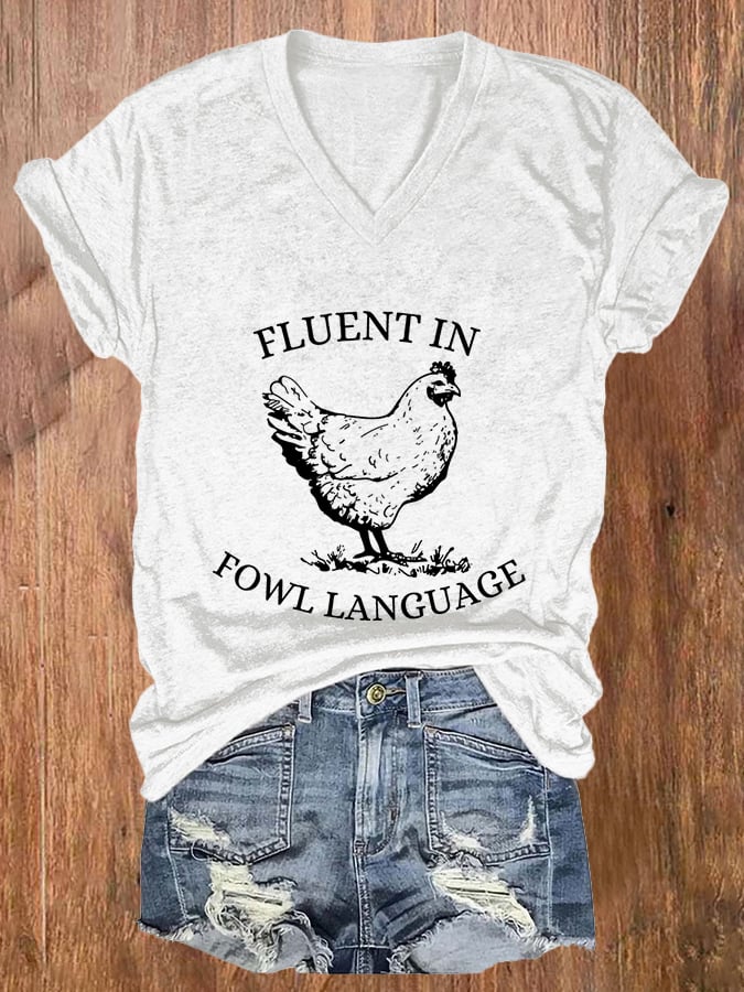 Women's Fluent In Fowl Language Print V-Neck Casual T-Shirt