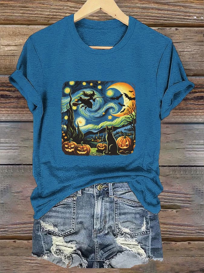 Women's Halloween Oil Painting Cat Print T-shirt