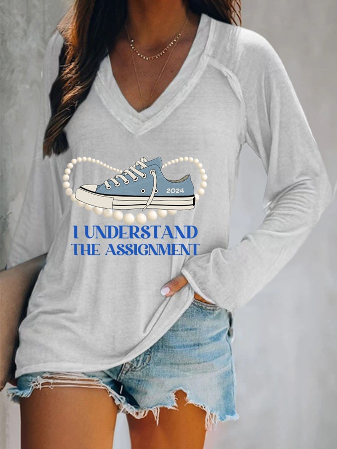 Women's I Understood The Assignment Print V Neck T-Shirt