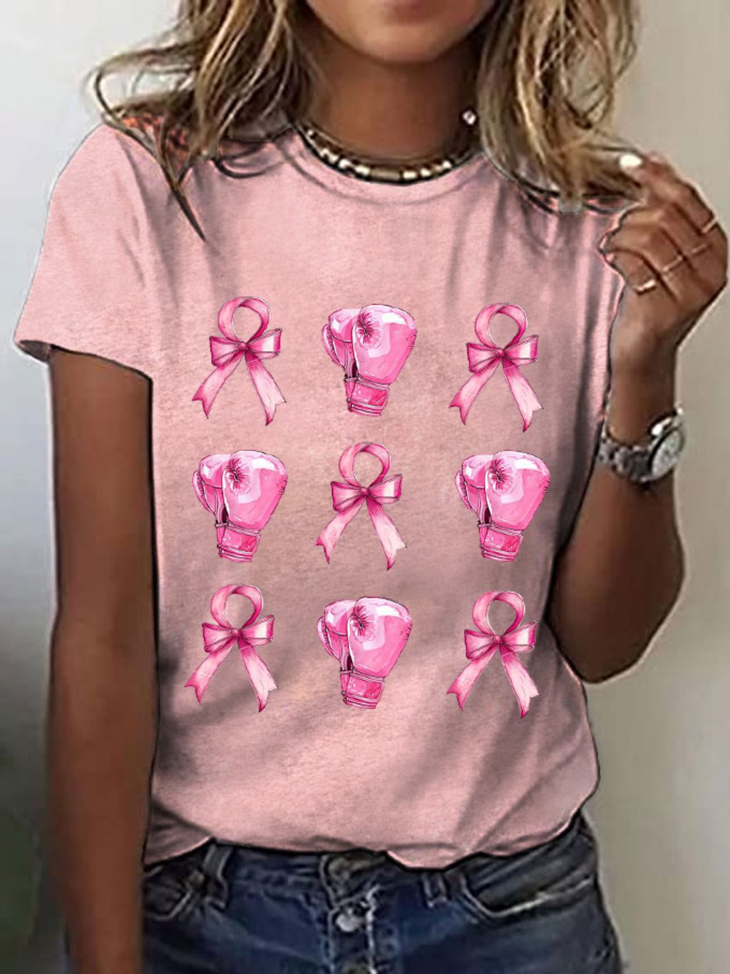 Women's Pink Bow Fight Breast Cancer Print T-Shirt
